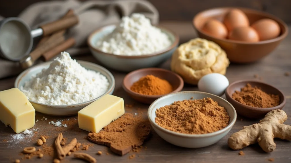 Realistic close-up of the ingredients used for making windmill cookies—flour, butter, sugar, ground cinnamon, ground ginger, and eggs—arranged on a wooden countertop with a few measuring