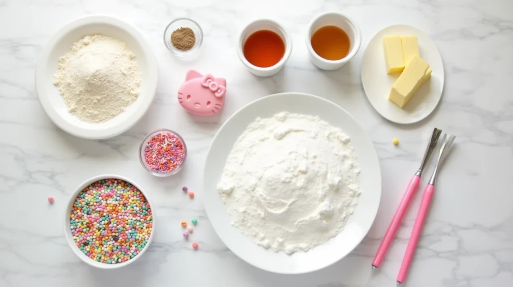 A neatly arranged flat lay of baking ingredients for a Hello Kitty cake