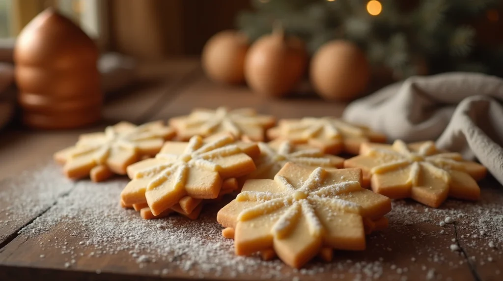 Ultra-realistic image of a freshly baked batch of windmill cookies arranged on a wooden table, with a subtle dusting of powdered sugar