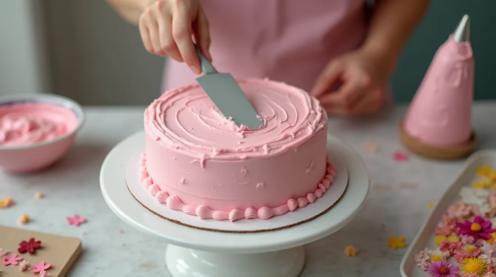 An ultra-detailed image of hands assembling a Hello Kitty cake