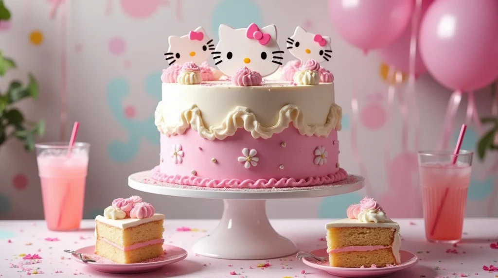 A completed Hello Kitty cake on a white cake stand, ready to serve. The cake is beautifully decorated with a pink buttercream frosting base, edible glitter, and Hello Kitty-themed toppers