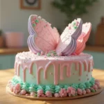 An ultra-realistic butterfly-shaped cake placed on a wooden table, frosted with vibrant pastel colors (pink, lavender, mint green) and decorated with edible glitter, candy pearls, and floral sprinkles.