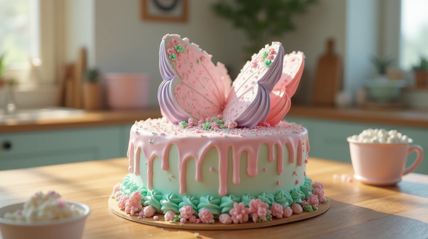 An ultra-realistic butterfly-shaped cake placed on a wooden table, frosted with vibrant pastel colors (pink, lavender, mint green) and decorated with edible glitter, candy pearls, and floral sprinkles.