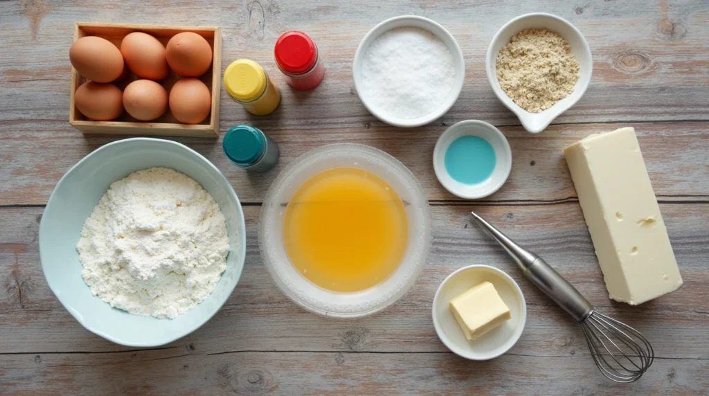 A neatly arranged flat lay of baking ingredients on a rustic wooden countertop. Ingredients include bowls of flour, sugar, eggs, a stick of butter, bottles of food coloring, a piping bag, and a whisk