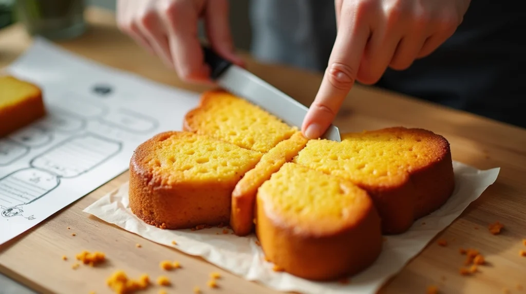 A close-up image of hands carefully cutting a rectangular cake into a butterfly shape on a wooden cutting board