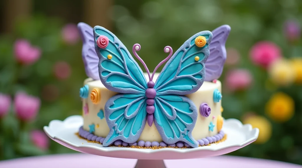 A fully decorated butterfly cake on a white cake stand, frosted with bold colors (blue, purple, and yellow) and intricate piping designs.