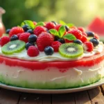 A stunning, ultra-realistic photo of a beautifully decorated watermelon cake placed on a rustic wooden table.