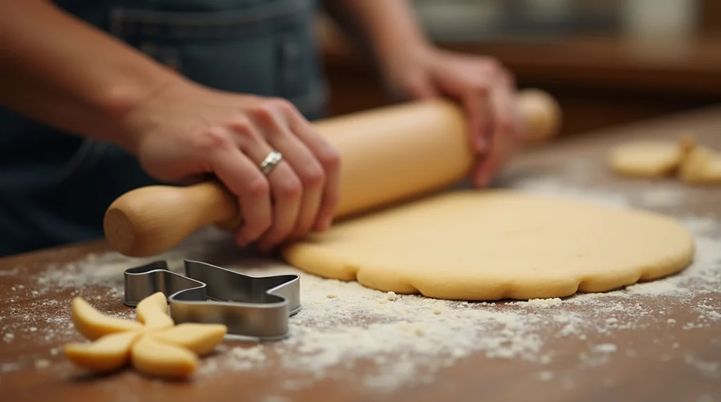 A hyper-realistic image of someone rolling cookie dough on a floured surface, using a rolling pin