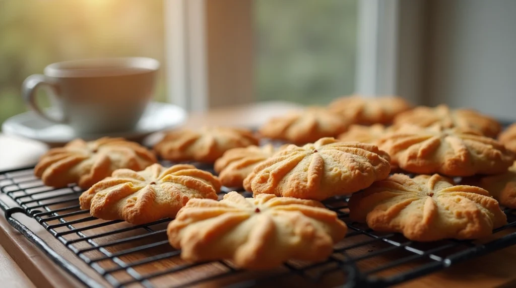 Ultra-realistic photo of baked windmill cookies cooling on a wire rack, with some cookies arranged neatly while others are in the process of cooling