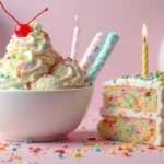 A visually stunning, ultra-realistic image of a bowl of birthday cake ice cream, featuring creamy scoops swirled with vibrant funfetti cake mix.