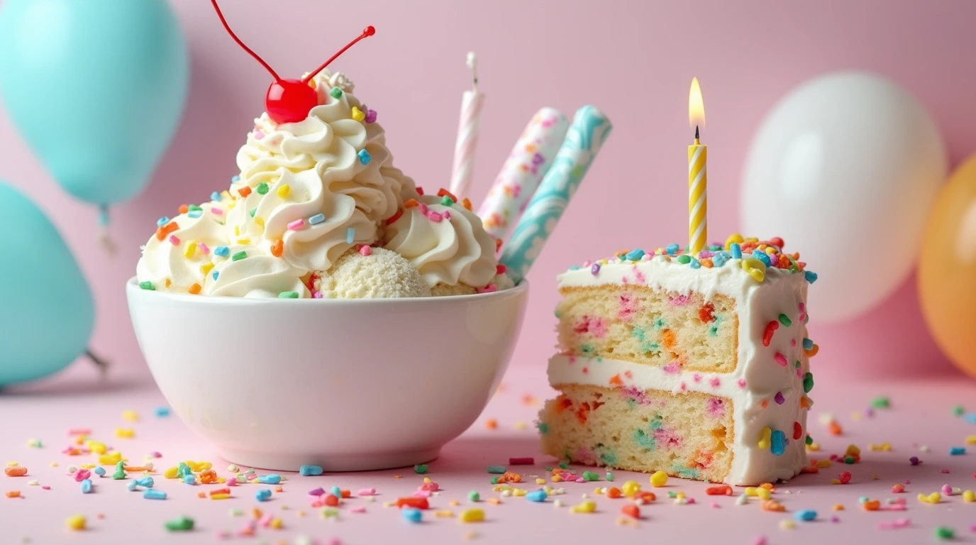 A visually stunning, ultra-realistic image of a bowl of birthday cake ice cream, featuring creamy scoops swirled with vibrant funfetti cake mix.