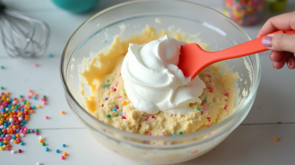 A close-up, highly detailed image of whipped cream being folded into a colorful mixture of funfetti cake batter in a glass bowl.