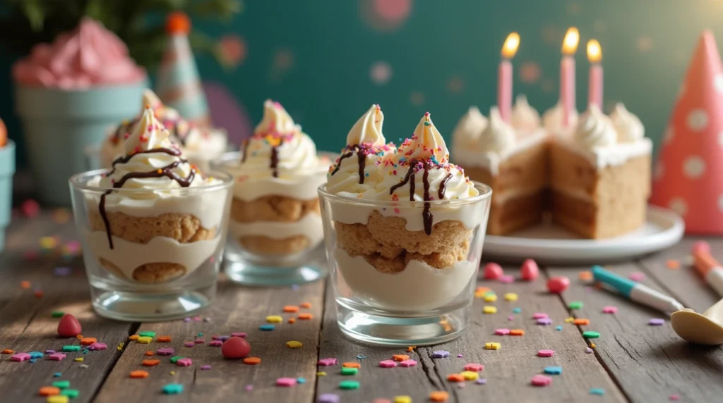 An inviting photo of scoops of birthday cake ice cream served in glass dessert cups, topped with whipped cream, rainbow sprinkles, and chocolate drizzle