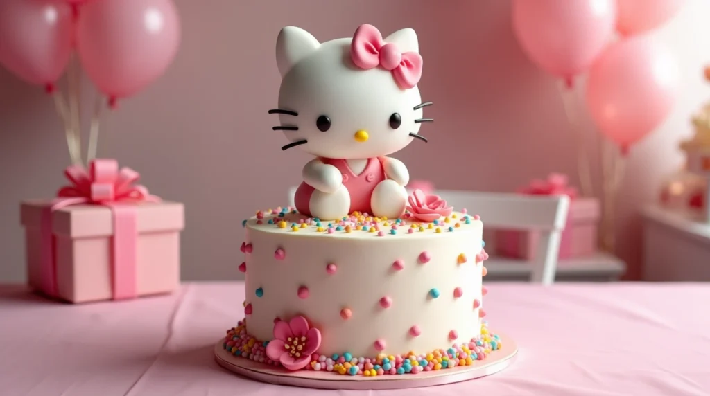 An elegant, ultra-realistic Hello Kitty-themed birthday cake displayed on a pastel pink tablecloth