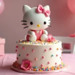 An elegant, ultra-realistic Hello Kitty-themed birthday cake displayed on a pastel pink tablecloth