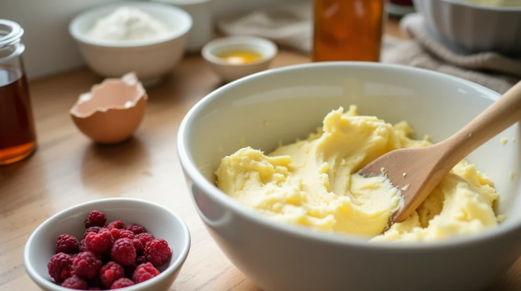 A close-up shot of a mixing bowl filled with creamed butter and sugar, with a spatula stirring through the soft mixture