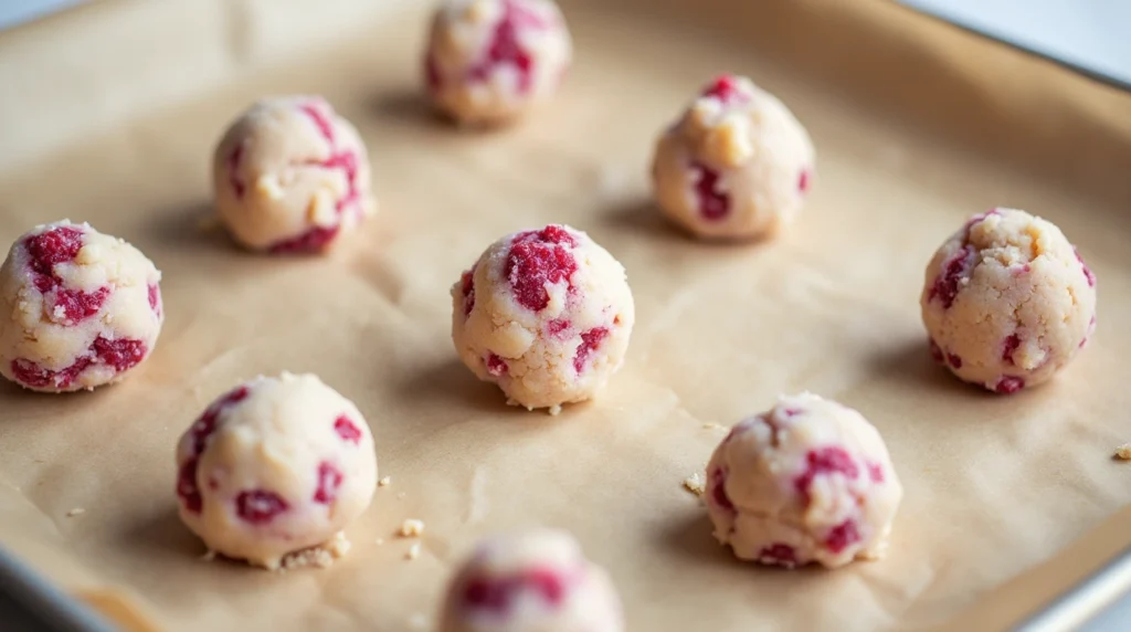 A high-resolution image of raw Raspberry Sugar Cookie dough balls neatly placed on a parchment-lined baking sheet