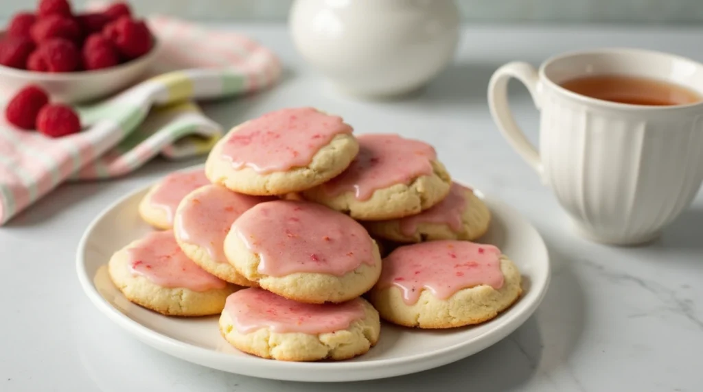 A stack of freshly baked Raspberry Sugar Cookies on a white ceramic plate, drizzled with a thin raspberry glaze that glistens in the light