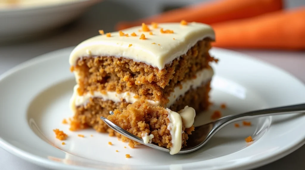 A close-up of a single slice of carrot cake on a white ceramic plate