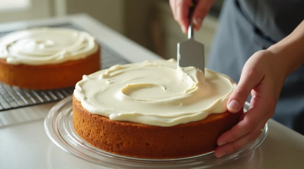 A baker’s hands using an offset spatula to spread cream cheese frosting over one cake layer