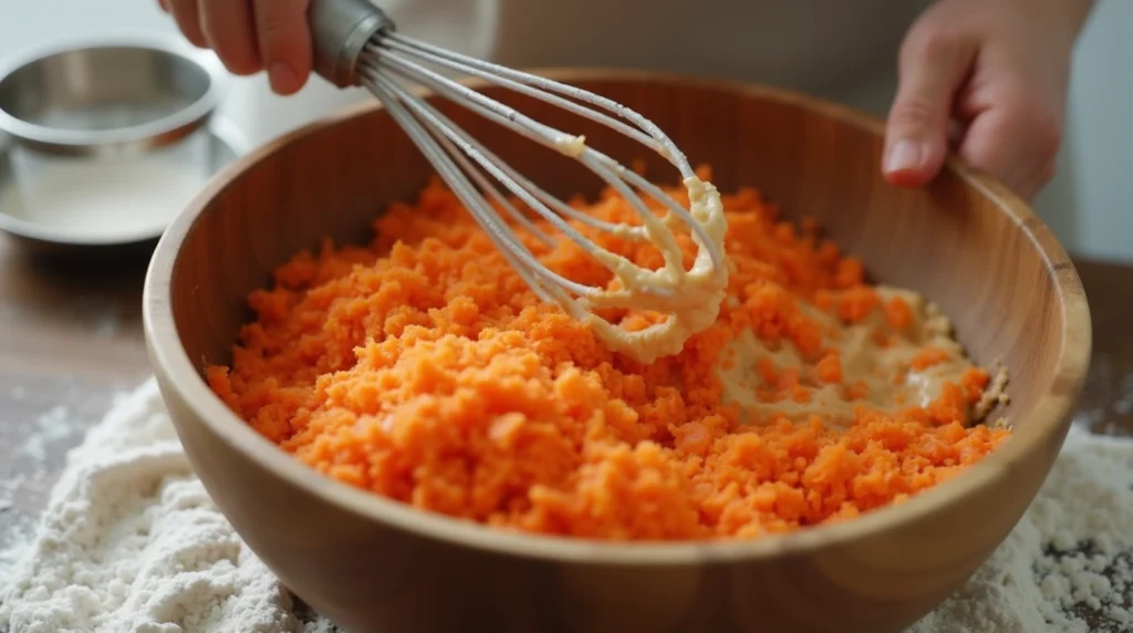 A wooden mixing bowl filled with freshly grated carrots and wet cake batter