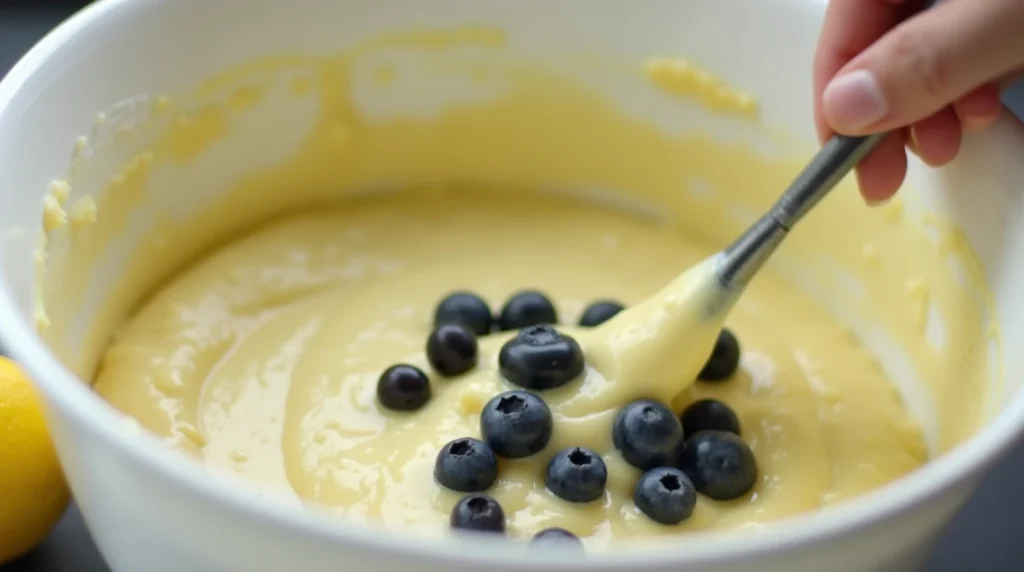 A close-up of creamy lemon cake batter in a mixing bowl