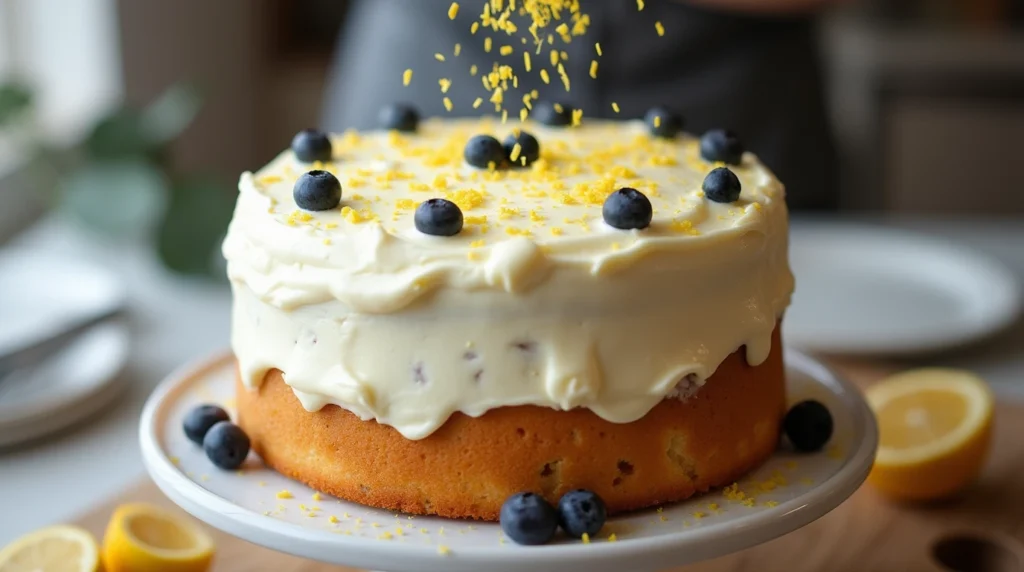 A side view of the Lemon Blueberry Layer Cake being frosted with a thick layer of cream cheese frosting