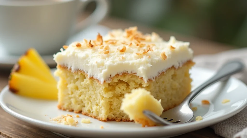 A close-up, ultra-realistic image of a single slice of pineapple coconut cake on a white plate