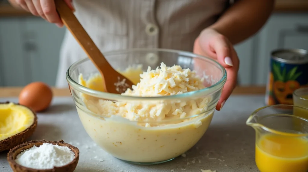 A close-up, ultra-realistic photo of hands mixing cake batter in a glass bowl.