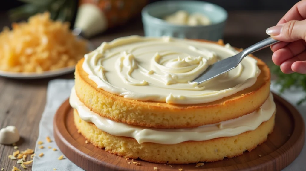 A hyper-realistic image of a freshly baked pineapple coconut cake being frosted with smooth, creamy coconut frosting