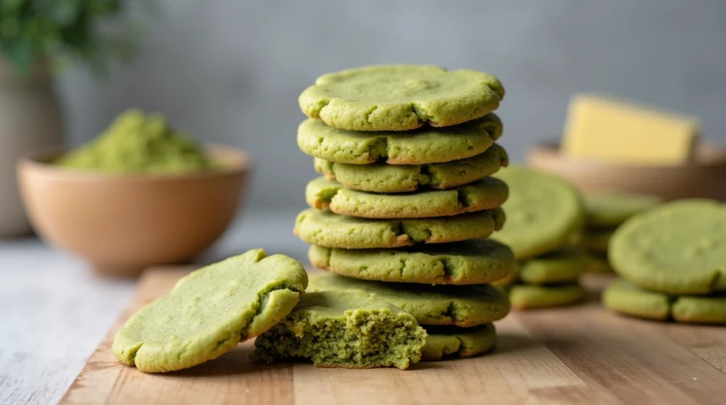 A close-up shot of a stack of matcha cookies, with one cookie broken in half to reveal its chewy interior