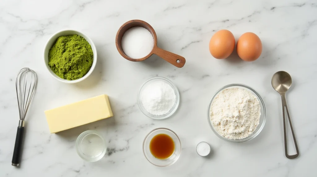 A flat-lay image showing the ingredients required for matcha cookies. The scene includes a small bowl of bright green matcha powder, a wooden spoon, a block of softened butter, a couple of eggs, flour, sugar, and vanilla extract arranged neatly on a marble countertop