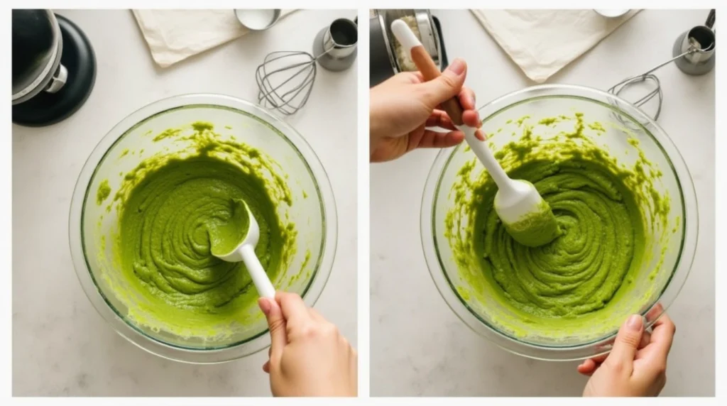 A step-by-step image of a person mixing matcha cookie dough in a glass mixing bowl